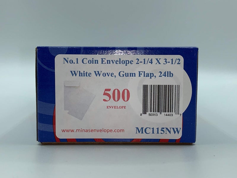 Minas Envelope 500 Minas Envelope #1 Coin Envelopes, 2-1/4" x 3-1/2", White Paper, Gummed Flap, 24 lb, 500 Count - Image 5